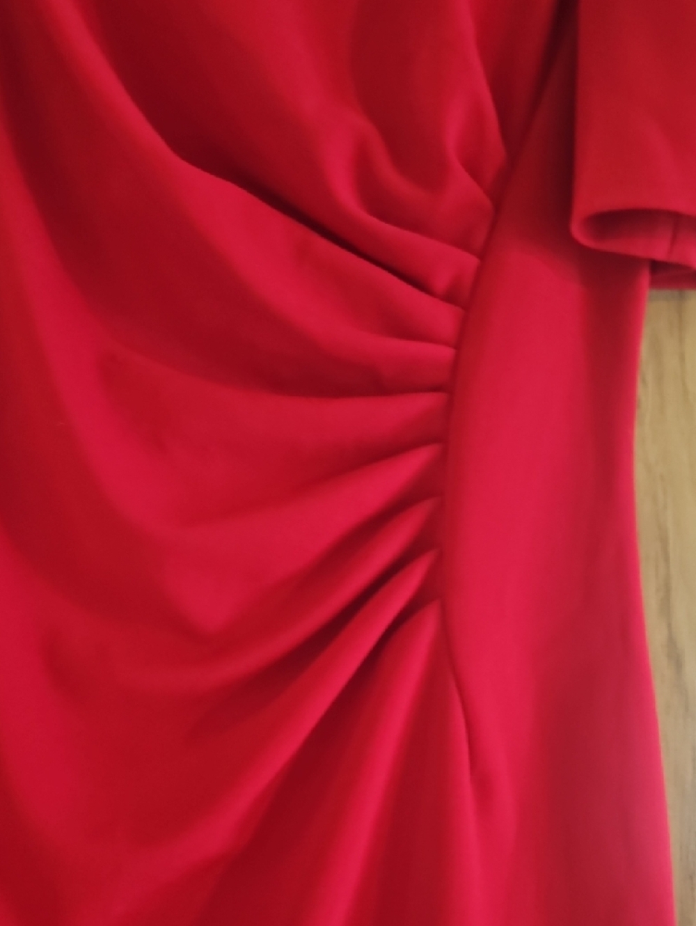 DKNY Red Ruched Sheath Dress with Gold Button Sleeves - Picture 4 of 7